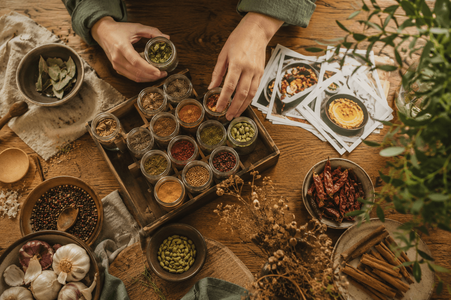 Small spice jars and recipe cards arranged for choosing a flavour set