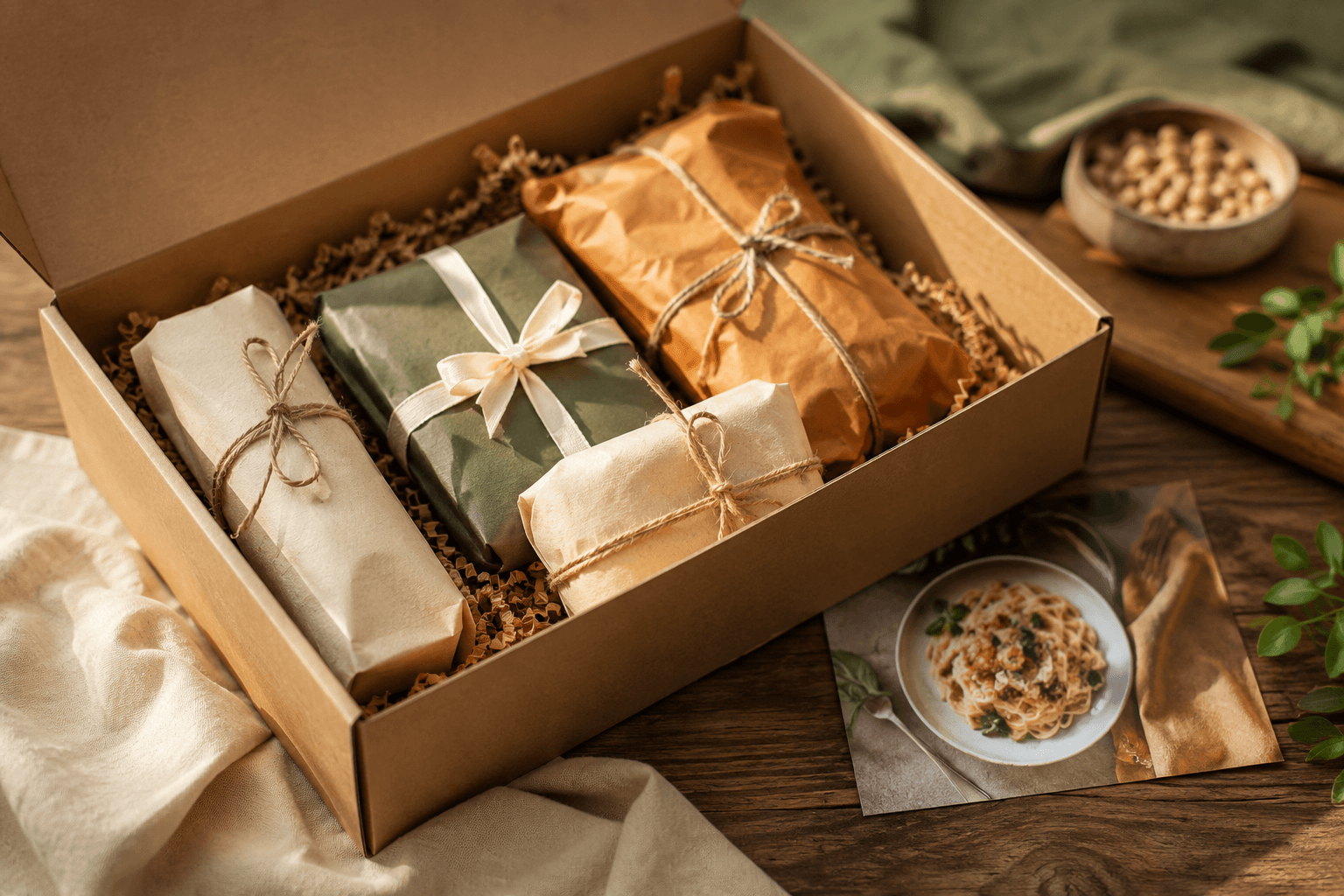 A freshly opened monthly Pantry Club box with wrapped shelf-stable items and a recipe card