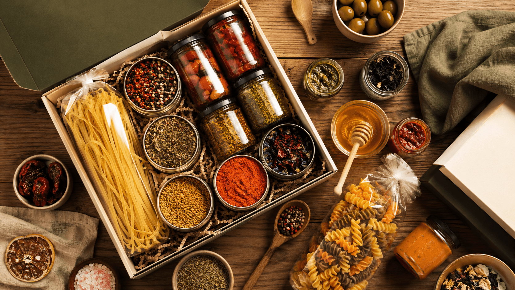An abundant spread of shelf-stable gourmet pantry items in an open gift box on a warm oak table
