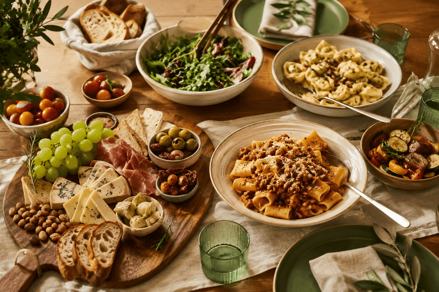 An abundant gourmet dinner spread on a warm wooden table